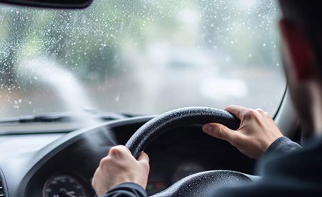 Car with a foggy windshield on a rainy day